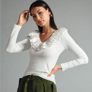 Anthropologie Dolan White Ruffled V-neck Top